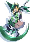  1girl akatsuki_kirika ass blonde_hair breasts commentary_request covered_navel elbow_gloves gloves green_eyes hair_ornament headgear high_heels holding holding_weapon leotard looking_at_viewer medium_breasts outstretched_arm parted_lips scythe senki_zesshou_symphogear short_hair simple_background skirt smile solo striped striped_legwear teeth tsukamoto_kensuke weapon white_background x_hair_ornament 