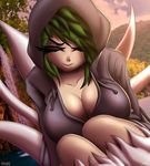  absurd_res animal_humanoid avian avian_humanoid breasts cleavage clothed clothing eyes_closed facing_viewer female forest harpy hi_res hoodie humanoid katija outside photo_background sea signature sitting smile solo sunset tree vrabo water 