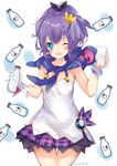  ;o azur_lane blue_eyes bottle commentary_request crown cup dress drinking_glass gloves hair_ornament hair_ribbon hairpin itohime javelin_(azur_lane) long_hair looking_at_viewer milk_bottle mini_crown one_eye_closed ponytail purple_hair ribbon scarf simple_background solo twitter_username white_dress white_gloves 