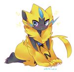  ambiguous_gender anthro blue_eyes blush claws cute fur kneeling nintendo open_mouth pok&eacute;mon pok&eacute;mon_(species) simple_background spark tongue video_games whiskers white_background yellow_fur zanthu-chan zeraora 