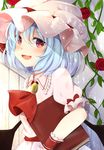  :d ascot bangs blue_hair blush book commentary_request dress eyebrows_visible_through_hair fang flower frills gem hat highres holding holding_book looking_at_viewer miri_(miri0xl) mob_cap open_mouth pink_dress puffy_short_sleeves puffy_sleeves red_eyes red_flower red_neckwear red_rose remilia_scarlet rose short_hair short_sleeves smile solo touhou upper_body wings wooden_wall wristband 