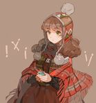  brown_background brown_hair green_eyes little_match_girl long_hair looking_at_viewer matchbox matchgirl matchstick metawin plaid plaid_scarf pom_pom_(clothes) scarf standing winter_clothes 