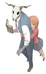  1boy book duo ellias_ainsworth hatori_chise horns hug hug_from_behind mahou_tsukai_no_yome red_hair simple_background skirt skull suit tie white_background 