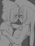  after_kiss arched_back artist_name bad_id bad_pixiv_id bangs bare_arms bare_shoulders beanie blush braid commentary_request dress eye_contact eyebrows_visible_through_hair from_side grey_background greyscale half-closed_eyes hand_on_another's_shoulder hat hug lillie_(pokemon) long_hair looking_at_another mizuki_(pokemon) monochrome multiple_girls notori_d open_mouth pokemon pokemon_(game) pokemon_sm profile saliva saliva_trail short_hair simple_background sleeveless sleeveless_dress sun_hat tongue tongue_out twin_braids upper_body yuri 