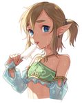  arabian_clothes bare_shoulders blue_eyes bridal_gauntlets brown_hair crossdressing detached_sleeves earrings food gerudo_link halterneck ice_cream jewelry licking link looking_at_viewer male_focus meimone otoko_no_ko pointy_ears ponytail popsicle simple_background solo sweat the_legend_of_zelda the_legend_of_zelda:_breath_of_the_wild tongue tongue_out upper_body 