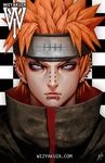  akatsuki_(naruto) akatsuki_uniform artist_name ceasar_ian_muyuela checkered checkered_background ear_piercing face forehead_protector highres lip_piercing male_focus naruto naruto_(series) naruto_shippuuden nose_piercing orange_hair pain_(naruto) piercing portrait purple_eyes rinnegan signature solo watermark web_address 