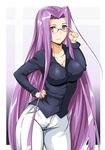  absurdres breasts casual cleavage commentary_request denim fate/stay_night fate_(series) glasses hand_on_hip highres jeans large_breasts long_hair looking_at_viewer pants purple_eyes purple_hair rider sangyou_haikibutsu_a shirt smile very_long_hair 