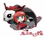  1boy 1girl blue_eyes chibi ellias_ainsworth hatori_chise horns looking_at_viewer mahou_tsukai_no_yome necklace red_hair simple_background skirt skull white_background 