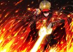  black_hair black_hat black_pants cape cowboy_shot fate/grand_order fate_(series) fire floating_hair gloves grey_gloves gun hair_between_eyes hat holding holding_gun holding_sword holding_weapon kimagureyouhumi long_hair military military_hat military_uniform oda_nobunaga_(fate) pants parted_lips red_cape red_eyes smile solo standing sword uniform very_long_hair weapon 