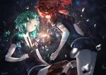  androgynous azomo black_legwear black_neckwear black_shirt black_shorts floating from_side gem_uniform_(houseki_no_kuni) green_eyes green_hair highres houseki_no_kuni looking_at_another looking_at_viewer looking_to_the_side multiple_others necktie phosphophyllite puffy_short_sleeves puffy_sleeves red_eyes red_hair shinsha_(houseki_no_kuni) shirt short_hair short_sleeves shorts signature spoilers thighhighs white_shirt wing_collar 