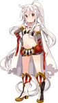  absurdly_long_hair blush boots bra breasts cape chiya_(urara_meirochou) cleavage detached_sleeves eyebrows_visible_through_hair floating_hair full_body hair_between_eyes hand_on_hip high_heel_boots high_heels high_ponytail kirara_fantasia knee_boots long_hair looking_at_viewer midriff navel official_art red_eyes red_shorts short_shorts shorts silver_hair small_breasts smile solo standing stomach striped striped_bra transparent_background underwear urara_meirochou very_long_hair white_cape 