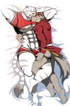  2017 abs anthro bearlovestiger13 bed biceps bottomless canine clothed clothing eyes_closed feline fur grimoire_of_zero holdem male male/male mammal mercenary_(character) muscular muscular_male nipples open_mouth pecs stripes tiger underwear white_fur white_tiger wolf 