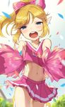  alternate_costume blonde_hair blue_eyes confetti crossdressing jumping link looking_at_viewer male_focus meimone midriff navel open_mouth otoko_no_ko pointy_ears pom_poms ponytail skirt solo stomach sweat the_legend_of_zelda the_legend_of_zelda:_tri_force_heroes toon_link 