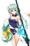  absurdres aqua_hair arm_up ass_visible_through_thighs blossomsa blue_swimsuit blush bow breasts cleavage covered_nipples cowboy_shot detached_collar elbow_gloves eyebrows_visible_through_hair fate/grand_order fate_(series) floating_hair flower gloves hair_between_eyes hair_bow hair_flower hair_ornament highres holding holding_weapon horns kiyohime_(fate/grand_order) kiyohime_(swimsuit_lancer)_(fate) long_hair looking_at_viewer medium_breasts one-piece_swimsuit polearm red_bow red_flower sideboob simple_background smile solo spear standing swimsuit very_long_hair weapon white_background white_gloves yellow_bow yellow_eyes 