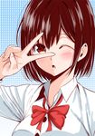  :o attsun_(atsushi_jb) bangs blue_background blush brown_hair collared_shirt hand_up jindou_hikari neck_ribbon one_eye_closed parted_lips polka_dot polka_dot_background red_eyes red_ribbon ribbon sekai_ka_kanojo_ka_erabenai shirt short_hair solo upper_body v_over_eye white_shirt 