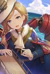  :d ascot azur_lane blue_capelet blue_eyes blue_sky bullet capelet cloud cloudy_sky commentary_request day gloves hat highres holding hood_(azur_lane) horizon kibanda_gohan light_brown_hair long_hair looking_at_viewer machinery ocean open_mouth sky smile solo turret union_jack white_gloves 