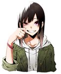  bracelet brown_hair cheek_pinching cropped_torso green_jacket grin hand_up heterochromia highres hood hoodie jacket jewelry long_hair long_sleeves looking_at_viewer mole mole_under_eye original pinching pink_eyes red_eyes simple_background smile solo upper_body usui_seri vice_(kuronekohadokoheiku) white_background 