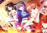  2girls :d black_hair brown_eyes commentary_request earrings emiya_shirou energy_ball fate/grand_order fate/stay_night fate_(series) fire headband holding indian_clothes iroha_(shiki) ishtar_(fate/grand_order) jewelry katana limited/zero_over long_hair matou_sakura multiple_girls navel necklace open_mouth parvati_(fate/grand_order) polearm purple_eyes purple_hair red_eyes red_hair smile sword tiara trident two_side_up weapon 