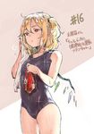  =3 alternate_costume bare_arms bare_shoulders blonde_hair blush breasts closed_mouth cowboy_shot danji_aq drying drying_hair flandre_scarlet hair_between_eyes nose_blush one-piece_swimsuit one_side_up pointy_ears red_eyes sketch small_breasts solo standing swimsuit touhou towel wet wet_hair wings 