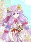  animal_ears between_breasts book bow breasts cat_ears cleavage commentary crescent crescent_hair_ornament dress flower frills hair_bow hair_flower hair_ornament highres holding holding_book long_hair long_sleeves looking_at_viewer medium_breasts namiki_(remiter00) patchouli_knowledge purple_dress purple_eyes purple_hair solo touhou wide_sleeves 