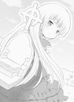  altar candle dress dutch_angle greyscale highres hoge_kinoko juju_coo_shnamur long_hair looking_at_viewer mahoujin_guruguru monochrome solo standing very_long_hair 