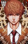  artist_name brown_eyes brown_hair ceasar_ian_muyuela death_note expressionless highres male_focus neck necktie signature solo watermark web_address yagami_light 