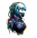  armor bangs blue_hair blunt_bangs chromatic_aberration cyberpunk from_side gas_mask kei-suwabe original profile red_eyes simple_background solo twitter_username upper_body white_background 