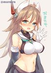  azur_lane bangs black_skirt blue_eyes blush brown_hair commentary_request crop_top eyebrows_visible_through_hair furutaka_(azur_lane) gloves grey_background hand_up long_hair looking_at_viewer marshmallow_mille midriff navel open_mouth pleated_skirt remodel_(azur_lane) sailor_collar simple_background skirt solo turtleneck twitter_username upper_body waving white_gloves 