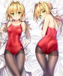  ahoge alternate_color_school_swimsuit arena_(company) ass bangs between_legs black_legwear blush bow braid brand_name_imitation breasts clothes_writing collarbone commentary_request competition_school_swimsuit covered_nipples cowboy_shot crown_braid dakimakura dress earrings embarrassed eyebrows_visible_through_hair fate/grand_order fate_(series) flower from_above from_behind hair_intakes hairband hand_between_legs highres jewelry kotatsu_(kotatsu358) long_hair looking_at_viewer looking_back lying messy_hair multiple_views nero_claudius_(fate)_(all) nero_claudius_(swimsuit_caster)_(fate) nose_blush on_back on_stomach one-piece_swimsuit open_mouth pantyhose pantyhose_under_swimsuit puffy_sleeves raised_eyebrows red_swimsuit rose school_swimsuit small_breasts strapless strapless_dress sweat swimsuit thigh_gap undressing wavy_mouth white_bow white_flower white_rose 