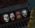  3boys blonde_hair blue_hair clown clownpiece dated dual_persona evil_grin evil_smile from_above grass grin hair_bobbles hair_ornament hat highres it_(stephen_king) jester_cap kawashiro_nitori makeup mcdonald's multiple_boys multiple_girls neck_ruff okbnkn open_mouth orange_hair outdoors parody pennywise polka_dot purple_eyes raincoat red_hair ronald_mcdonald smile storm_drain teeth touhou trait_connection 