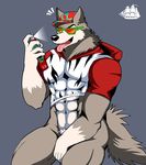  2017 abs anthro bearlovestiger13 bottomless canine clothed clothing eyewear fur hat male mammal mascot muscular muscular_male old_spice simple_background solo sunglasses tongue wolf wolfthorn_(old_spice) 