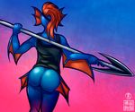  anthro blue_skin bottomless butt clothed clothing female fish hair marine melee_weapon polearm rattlecat red_hair shirt spear standing tank_top undertale undyne video_games weapon 