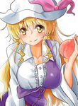  blonde_hair bow breasts cleavage commentary_request food fruit hat hat_bow highres holding holding_food large_breasts long_hair looking_at_viewer oshiaki peach shirt smile touhou very_long_hair watatsuki_no_toyohime white_shirt wide_sleeves yellow_eyes 