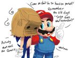  anthro blue_eyes clothing crossover dialogue duo embarrassed facial_hair gloves hat hedgehog human jojo56830 male mammal mario mario_bros nintendo open_mouth paper_bag simple_background sonic_(series) sonic_the_hedgehog video_games 