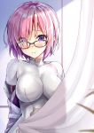  blush bodysuit breasts cosplay curtains fate/grand_order fate_(series) glasses kotatsu_(kotatsu358) large_breasts looking_at_viewer mash_kyrielight pink_hair purple_eyes qin_liangyu_(fate) qin_liangyu_(fate)_(cosplay) short_hair solo 