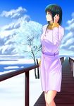  baiyin black_hair blue_eyes blue_sky breasts cloud day dock hand_in_hair hand_up highres lake large_breasts looking_to_the_side original railing sky snow standing tree winter 
