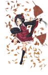  autumn_leaves black_footwear black_hair dress eyebrows flower full_body grey_eyes hair_flower hair_ornament highres holding holding_sword holding_weapon katana looking_at_viewer official_art princess_principal red_dress sheath short_hair slicing solo standing standing_on_one_leg sword toudou_chise transparent_background weapon wide_sleeves 