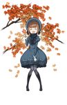  :d autumn_leaves beatrice_(princess_principal) black_footwear black_scarf blue_dress bonnet brown_hair closed_eyes cross-laced_footwear dress facing_viewer full_body gloves grey_legwear highres holding holding_leaf leaf makaria official_art open_mouth princess_principal princess_principal_game_of_mission scarf smile solo standing transparent_background white_gloves 