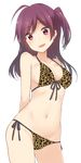  :d ahoge animal_print arms_behind_back bare_arms bare_shoulders bikini breasts cleavage collarbone contrapposto cowboy_shot eyebrows_visible_through_hair front-tie_bikini front-tie_top groin hagikaze_(kantai_collection) kantai_collection leopard_print long_hair looking_at_viewer medium_breasts nagami_yuu navel one_side_up open_mouth purple_hair side-tie_bikini smile solo standing stomach swimsuit transparent_background 