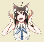  1girl :o animal_ears bangs bare_shoulders black_hair blue_neckwear bracelet collared_shirt cropped_torso d: fox_ears hands_up heterochromia highres jewelry kemonomimi_mode long_hair looking_up mole mole_under_eye neckerchief open_mouth original pink_eyes red_eyes sepia_background shirt simple_background sleeveless sleeveless_shirt solo sweatdrop usui_seri vice_(kuronekohadokoheiku) white_shirt 