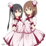  alternate_costume black_hair blush brown_eyes brown_hair commentary_request hair_ornament hairclip hirasawa_yui holding k-on! long_hair multiple_girls nakano_azusa ragho_no_erika simple_background smile twintails white_background 