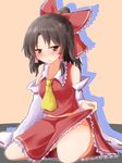  ascot bare_shoulders black_hair bow brown_eyes commentary_request detached_sleeves hair_bow hakurei_reimu highres looking_at_viewer oshiaki parted_lips ponytail red_bow seiza sitting solo touhou yellow_neckwear 