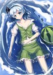  absurdres afloat black_hairband blue_eyes food fruit green_skirt hairband highres konpaku_youmu kuroneko_(hmilk) looking_at_viewer partially_submerged ribbon short_hair silver_hair skirt solo touhou water watermelon 