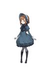  beatrice_(princess_principal) black_footwear black_scarf blue_dress bonnet brown_eyes brown_hair cross-laced_footwear dress full_body gloves grey_legwear highres looking_at_viewer makaria official_art princess_principal princess_principal_game_of_mission scarf smile solo standing transparent_background white_gloves 