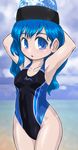  arms_behind_head black_swimsuit blue_eyes blue_hair competition_swimsuit cowboy_shot earth_(ornament) hecatia_lapislazuli looking_at_viewer one-piece_swimsuit open_mouth polos_crown solo standing swimsuit touhou winn 