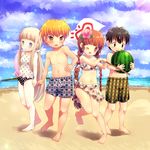  2girls ;d anchor_print barefoot beach black_hair blonde_hair blue_eyes blue_sky brown_hair child cloud day flag floral_print food fruit highres hoge_kinoko innertube juju_coo_shnamur kukuri long_hair looking_at_viewer mahoujin_guruguru midriff multiple_boys multiple_girls navel nike_(mahoujin_guruguru) one_eye_closed open_mouth outdoors polka_dot polka_dot_swimsuit sky smile standing swimsuit toma_parott unmoving_pattern very_long_hair water watermelon 