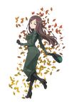  ass autumn_leaves black_footwear black_gloves black_hat black_legwear brown_eyes brown_hair dorothy_(princess_principal) dress full_body gloves green_dress hat hat_removed headwear_removed highres holding holding_hat long_hair looking_at_viewer makaria official_art princess_principal princess_principal_game_of_mission smile solo standing standing_on_one_leg transparent_background 