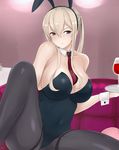  &gt;:( absurdres animal_ears bare_shoulders between_breasts black_hairband black_legwear black_leotard blonde_hair blue_eyes breasts bunny_ears bunny_girl bunnysuit cleavage closed_mouth couch covered_navel cup drinking_glass fake_animal_ears graf_zeppelin_(kantai_collection) hair_between_eyes hairband highres holding holding_tray iron_cross kantai_collection large_breasts leotard long_hair looking_at_viewer maruya1006 necktie necktie_between_breasts on_couch pantyhose red_neckwear sidelocks sitting solo spread_legs strapless strapless_leotard thighband_pantyhose tray v-shaped_eyebrows wine_glass wrist_cuffs 