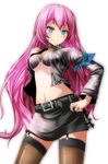  absurdres bad_id bad_pixiv_id belt black_choker blue_eyes blush breasts choker cowboy_shot hand_on_hip hard_rock_(module) highres long_hair long_sleeves looking_at_viewer medium_breasts megurine_luka miniskirt navel pink_hair project_diva_(series) project_diva_2nd skirt smile solo thighhighs tsukishiro_saika vocaloid 