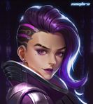  asymmetrical_hair bodysuit character_name coat dark_background earrings eyelashes eyeliner eyeshadow glint gradient high_collar highres jewelry light_smile lipstick long_hair looking_at_viewer makeup mascara mole mole_under_eye nose overwatch parted_lips patterned_background portrait purple_eyes purple_hair purple_lips purple_lipstick realistic solo sombra_(overwatch) stud_earrings turtleneck undercut zhen_guodong 